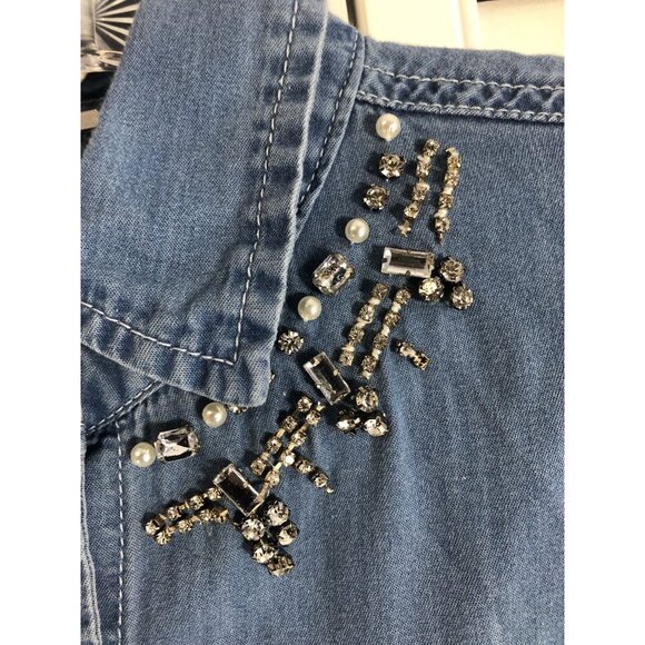 Jean Button Up  Size 10/12 Shirt Rhinestone Embellished Collar - Picture 2 of 7